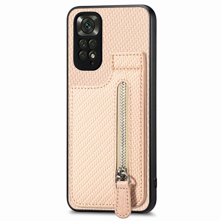 

For Redmi Note 11 4G Carbon Fiber Vertical Flip Zipper Phone Case(Khaki)