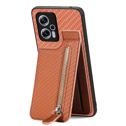 

For Redmi Note 11T Pro 5G Carbon Fiber Vertical Flip Zipper Phone Case(Brown)