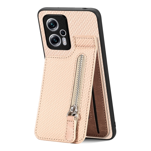 

For Redmi Note 11T Pro 5G Carbon Fiber Vertical Flip Zipper Phone Case(Khaki)