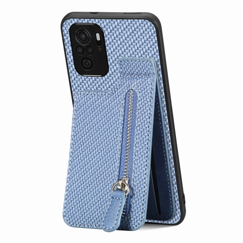 

For Redmi Note 10 4G Carbon Fiber Vertical Flip Zipper Phone Case(Blue)