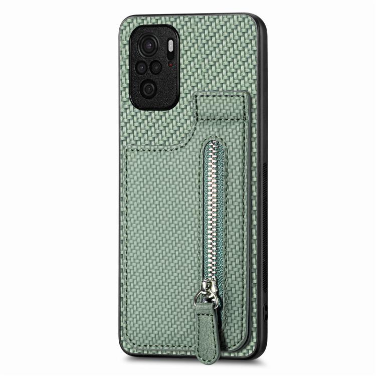 

For Redmi Note 10 4G Carbon Fiber Vertical Flip Zipper Phone Case(Green)