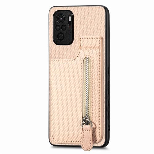 

For Redmi Note 10 4G Carbon Fiber Vertical Flip Zipper Phone Case(Khaki)