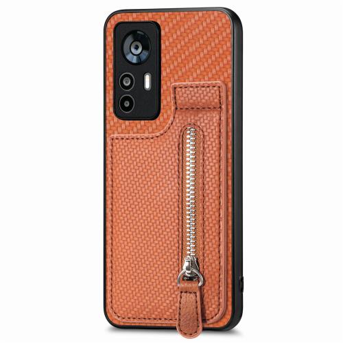 

For Xiaomi 12T / 12T Pro Carbon Fiber Vertical Flip Zipper Phone Case(Brown)