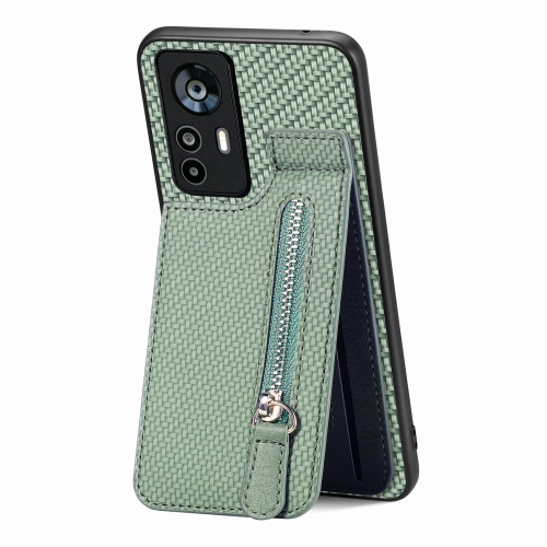 

For Xiaomi 12T / 12T Pro Carbon Fiber Vertical Flip Zipper Phone Case(Green)