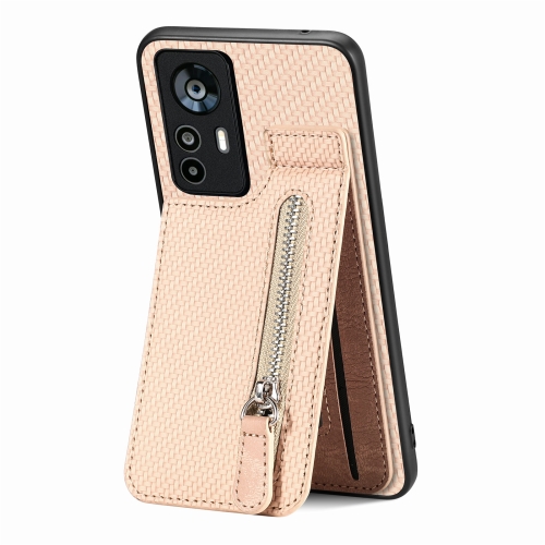 

For Xiaomi 12T / 12T Pro Carbon Fiber Vertical Flip Zipper Phone Case(Khaki)