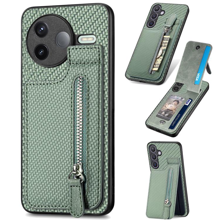 

For Redmi K80 / Poco F7 Pro Carbon Fiber Vertical Flip Zipper Phone Case(Green)