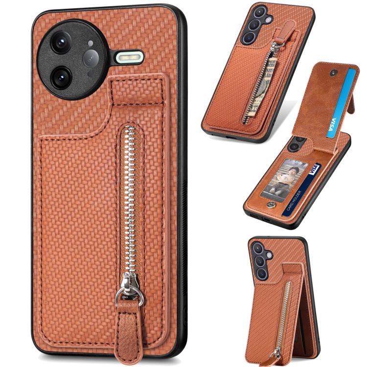 

For Redmi K80 Pro / Poco F7 Ultra Carbon Fiber Vertical Flip Zipper Phone Case(Brown)