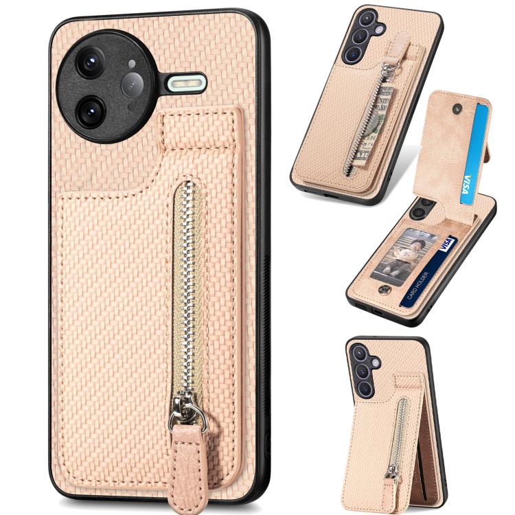 

For Redmi K80 Pro / Poco F7 Ultra Carbon Fiber Vertical Flip Zipper Phone Case(Khaki)