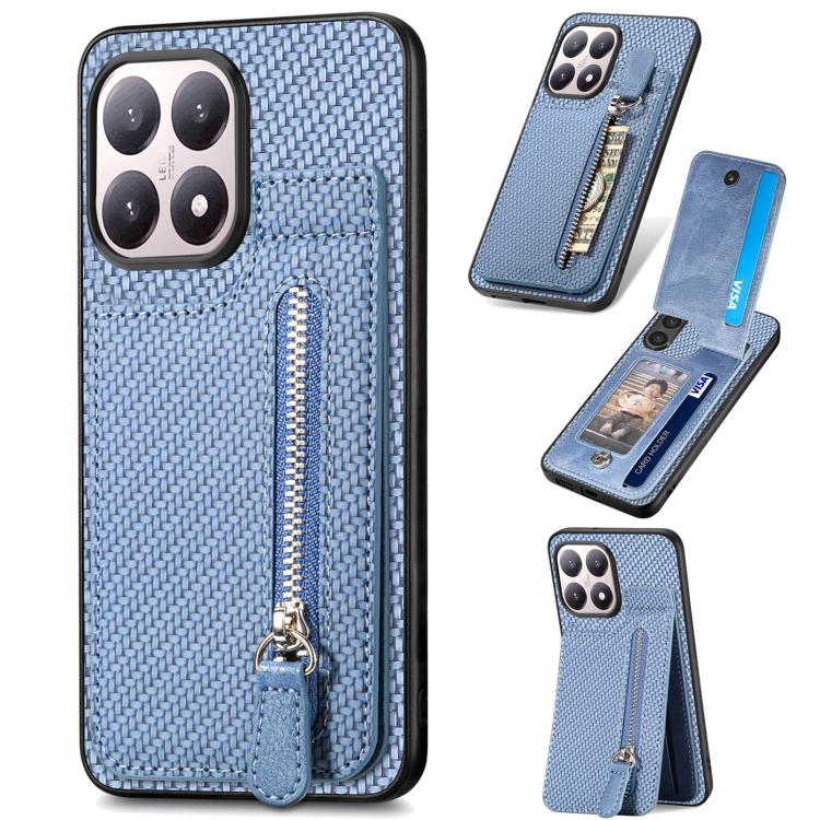 

For Xiaomi 15T Carbon Fiber Vertical Flip Zipper Phone Case(Blue)