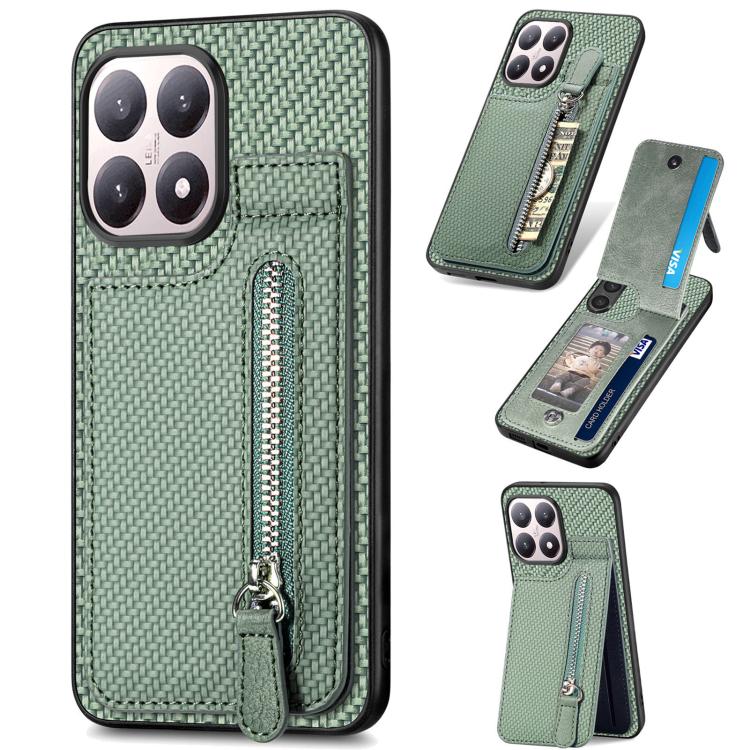 

For Xiaomi 15T Carbon Fiber Vertical Flip Zipper Phone Case(Green)
