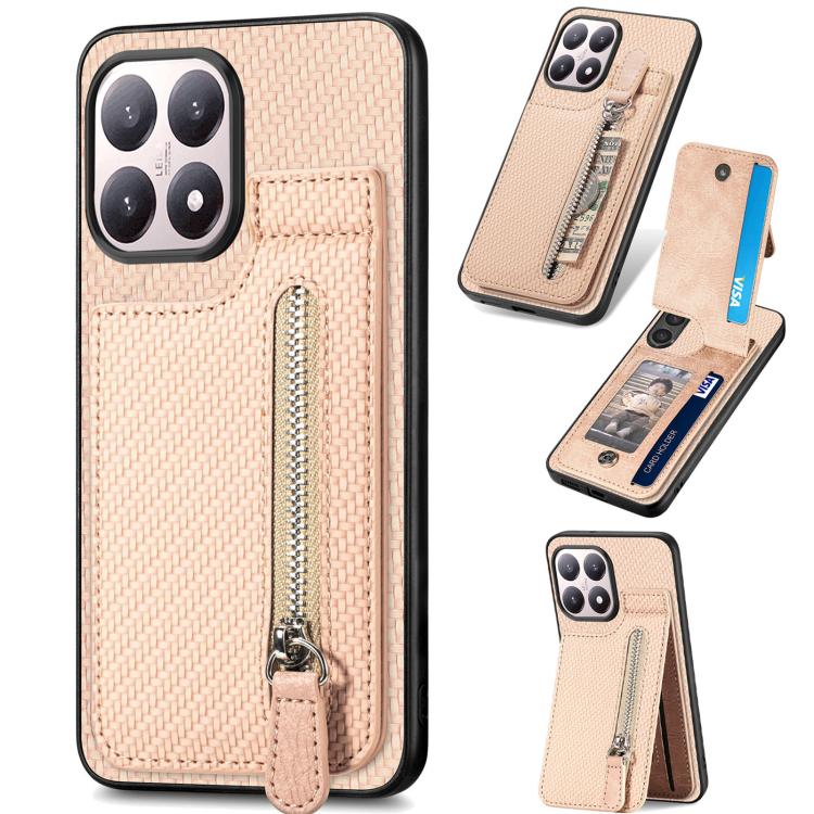 

For Xiaomi 15T Carbon Fiber Vertical Flip Zipper Phone Case(Khaki)