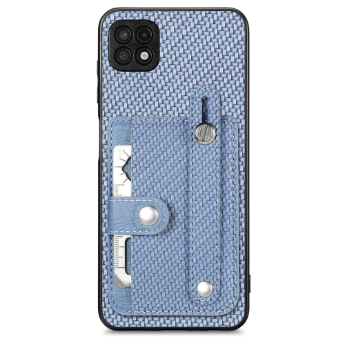 

For Samsung Galaxy A22 5G Wristband Kickstand Wallet Back Phone Case with Tool Knife(Blue)