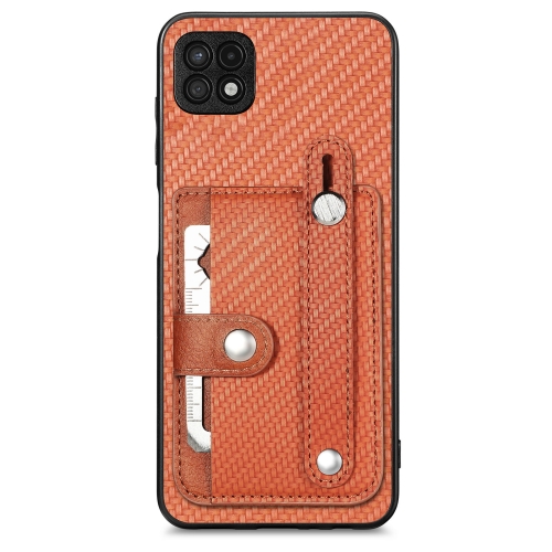 

For Samsung Galaxy A22 5G Wristband Kickstand Wallet Back Phone Case with Tool Knife(Brown)