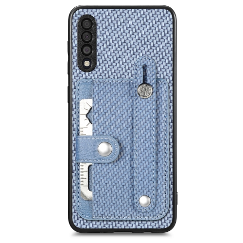 

For Samsung Galaxy A50 Wristband Kickstand Wallet Back Phone Case with Tool Knife(Blue)