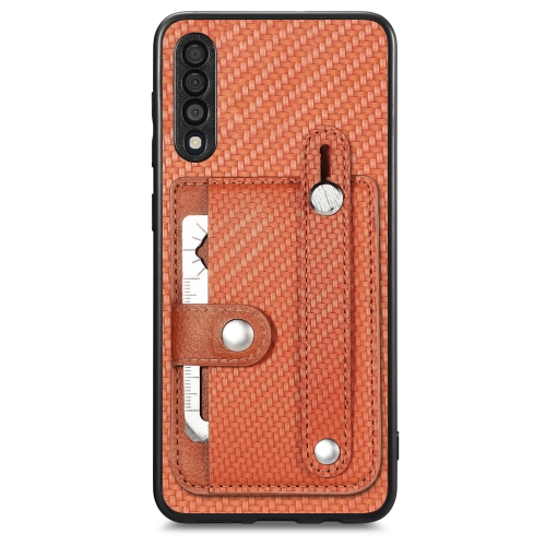 

For Samsung Galaxy A50 Wristband Kickstand Wallet Back Phone Case with Tool Knife(Brown)