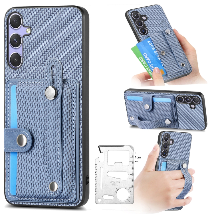 

For Samsung Galaxy S25 5G Wristband Kickstand Wallet Back Phone Case with Tool Knife(Blue)