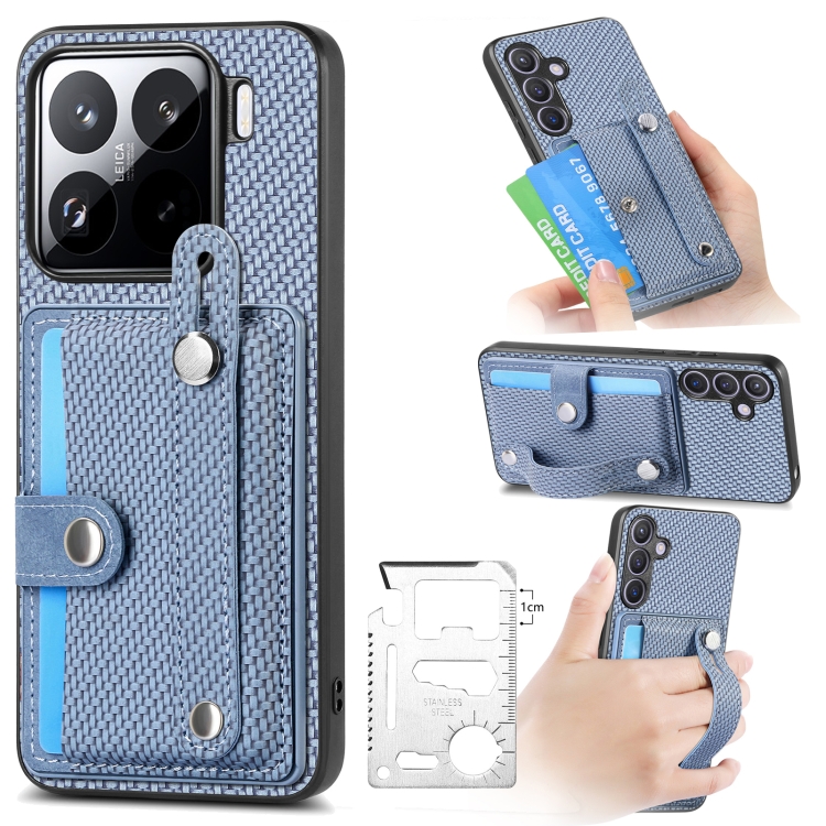 

For Xiaomi 15 Pro Wristband Kickstand Card Wallet Back Phone Case with Tool Knife(Blue)