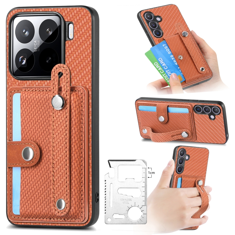 

For Xiaomi 15 Pro Wristband Kickstand Card Wallet Back Phone Case with Tool Knife(Brown)
