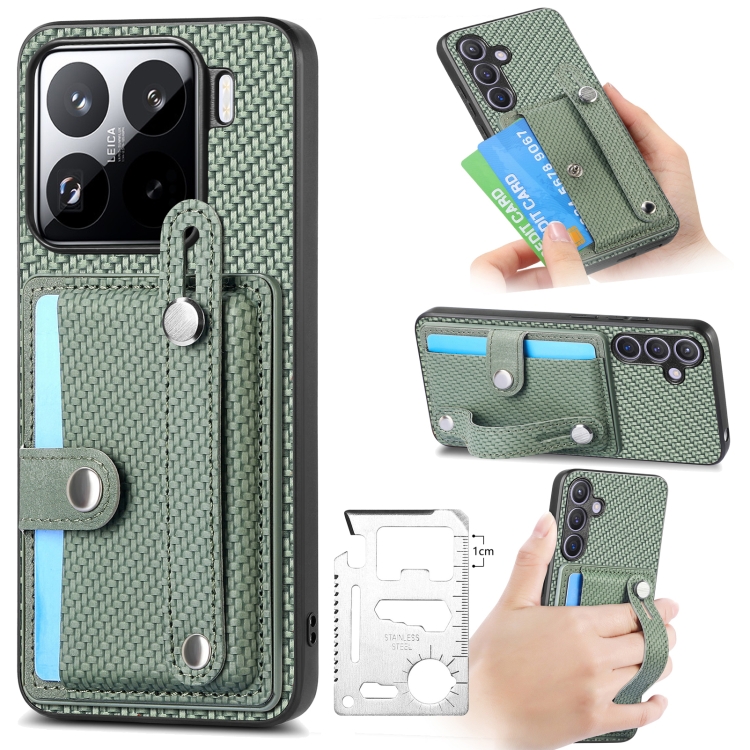 

For Xiaomi 15 Pro Wristband Kickstand Card Wallet Back Phone Case with Tool Knife(Green)