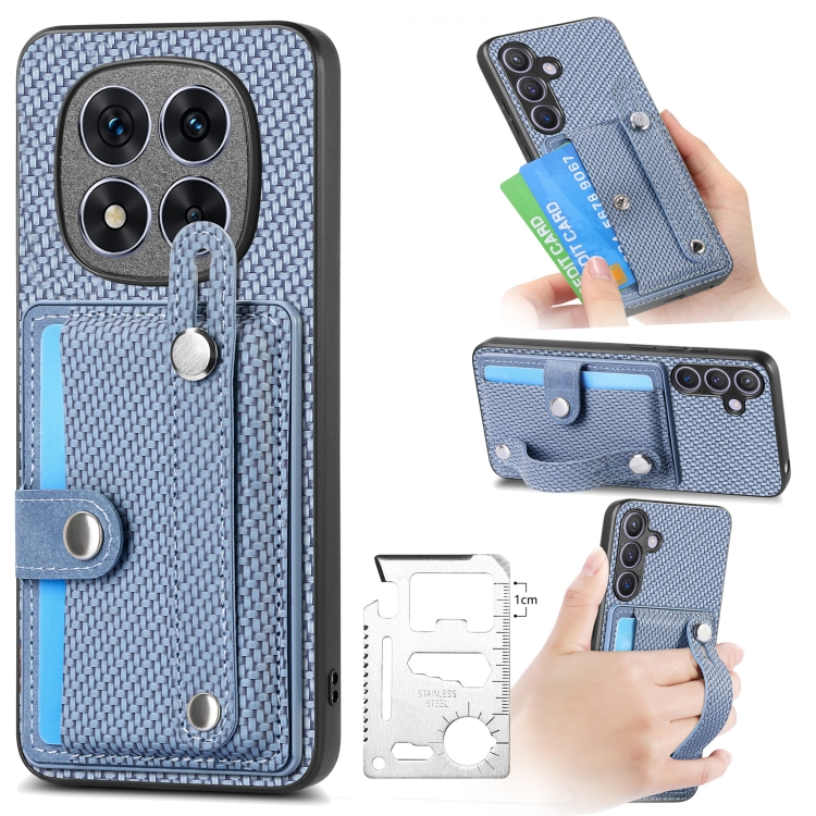 

For Redmi Note 14 5G Wristband Kickstand Card Wallet Back Phone Case with Tool Knife(Blue)