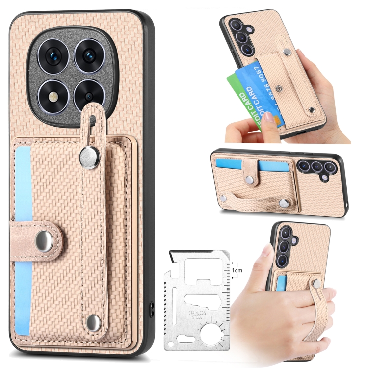 

For Redmi Note 14 5G Wristband Kickstand Card Wallet Back Phone Case with Tool Knife(Khaki)