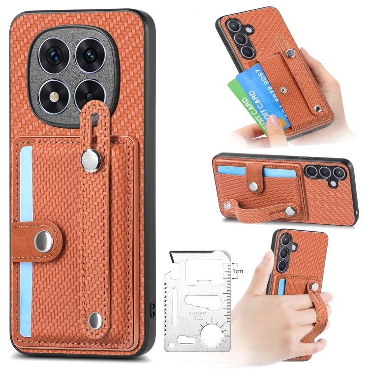 

For Redmi Note 14 Pro+ 5G Wristband Kickstand Card Wallet Back Phone Case with Tool Knife(Brown)