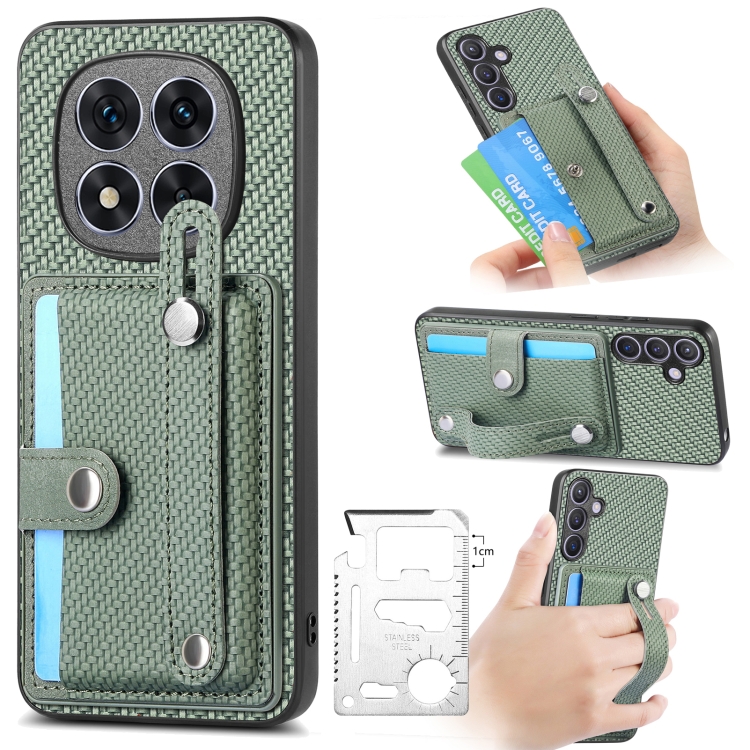 

For Redmi Note 14 Pro+ 5G Wristband Kickstand Card Wallet Back Phone Case with Tool Knife(Green)