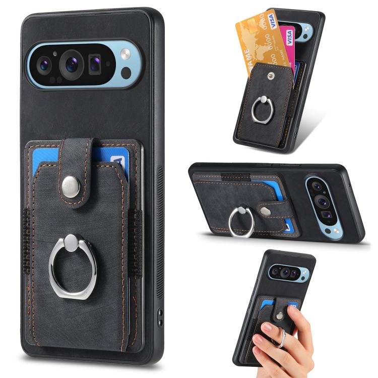 

For Google Pixel 10 Pro XL Retro Skin-feel Ring Card Wallet Phone Case(Black)