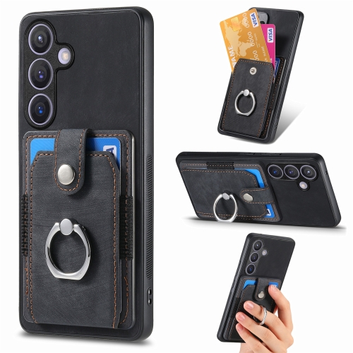 

For Samsung Galaxy S24+ 5G Retro Skin-feel Ring Card Wallet Phone Case(Black)