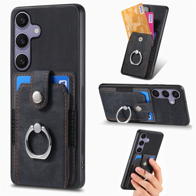 

For Samsung Galaxy S25 5G Retro Skin-feel Ring Card Wallet Phone Case(Black)