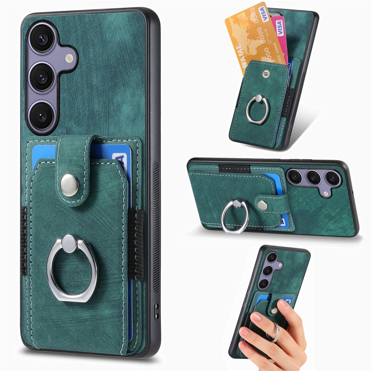 

For Samsung Galaxy S25+ 5G Retro Skin-feel Ring Card Wallet Phone Case(Green)