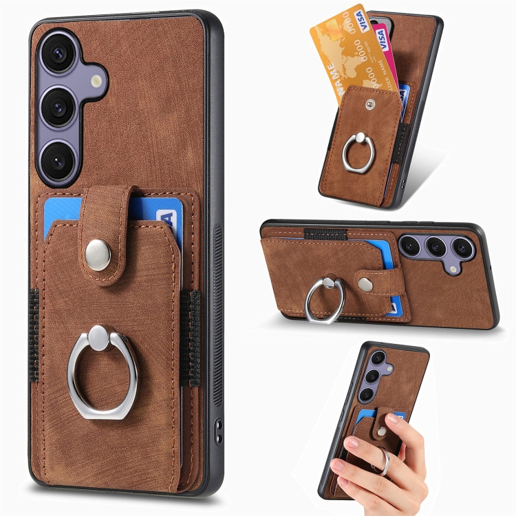 

For Samsung Galaxy S25+ 5G Retro Skin-feel Ring Card Wallet Phone Case(Brown)