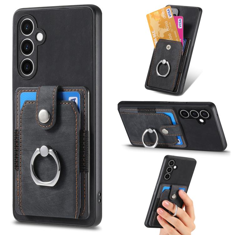 

For Samsung Galaxy S24 FE 5G Retro Skin-feel Ring Card Wallet Phone Case(Black)