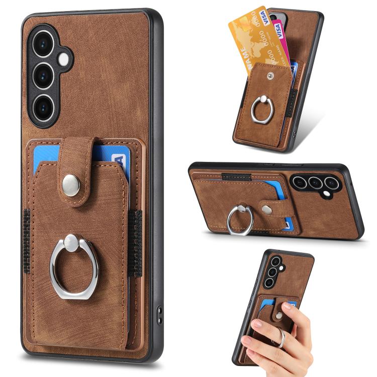 

For Samsung Galaxy S24 FE 5G Retro Skin-feel Ring Card Wallet Phone Case(Brown)