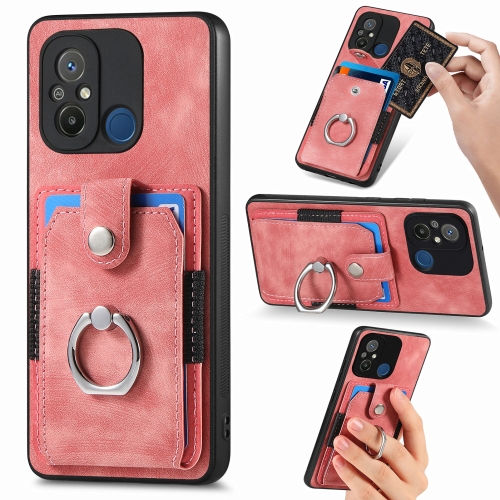 For Redmi 12C Retro Skin-feel Ring Card Wallet Phone Case(Pink) crazy horse skin zipper keychain bag for men s retro vintage keyring true head layer cowhide car key chain ring packet