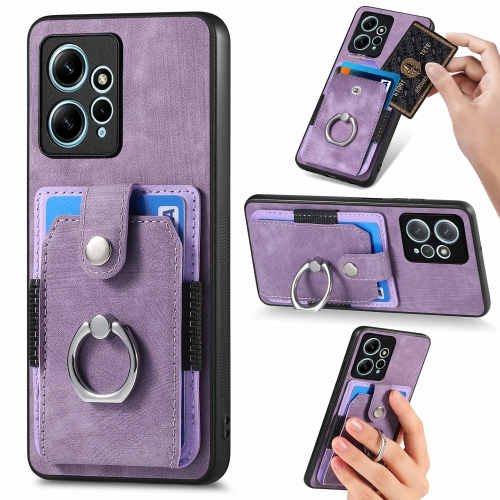 For Redmi Note 12 4G Retro Skin-feel Ring Card Wallet Phone Case(Purple) for samsung galaxy a05 electroplating marble imd tpu phone case with ring holder green 003