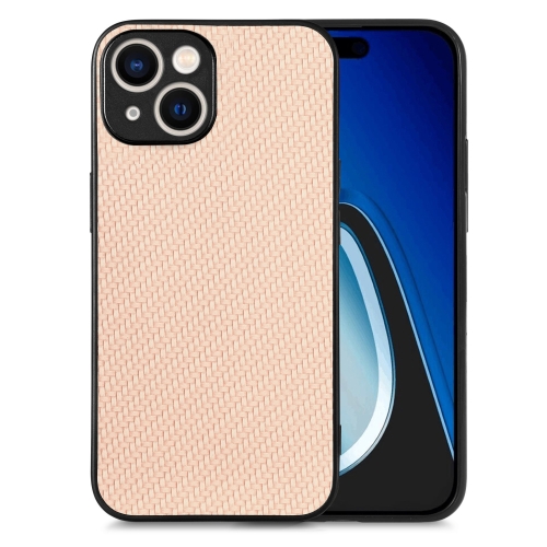 

For iPhone 15 Plus Carbon Fiber Texture Leather Back Phone Case(Khaki)