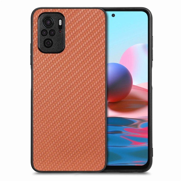 

For Redmi Note 10 Carbon Fiber Texture Leather Back Cover Phone Case(Brown)