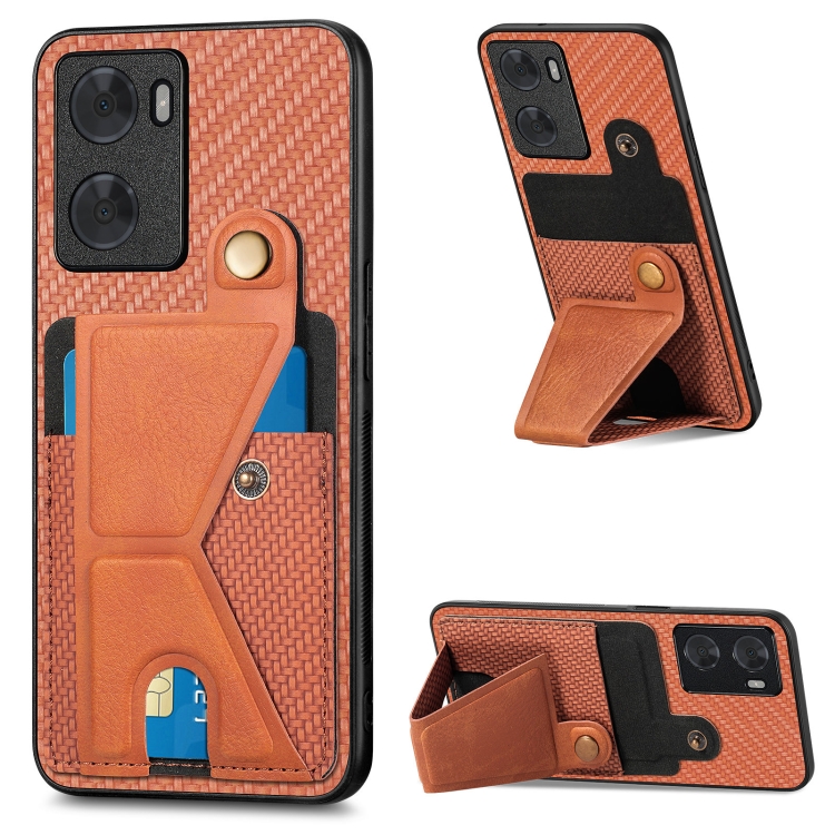 

For OPPO A57 4G Carbon Fiber Wallet Flip Card K-shaped Holder Phone Case(Brown)