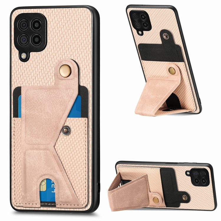 

For Samsung Galaxy A22 4G Carbon Fiber Wallet Flip Card K-shaped Holder Phone Case(Khaki)
