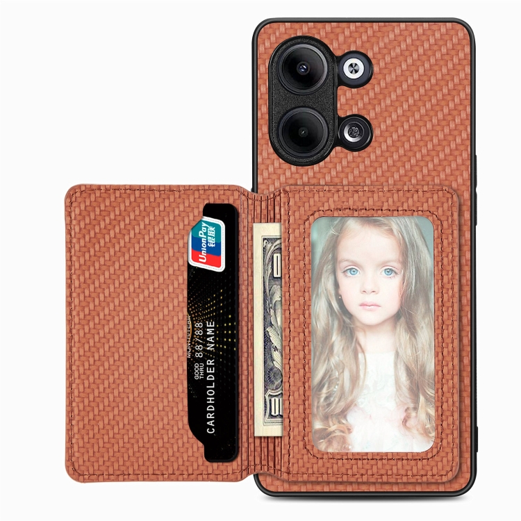 

For OPPO Reno9 Carbon Fiber Magnetic Card Bag Phone Case(Brown)