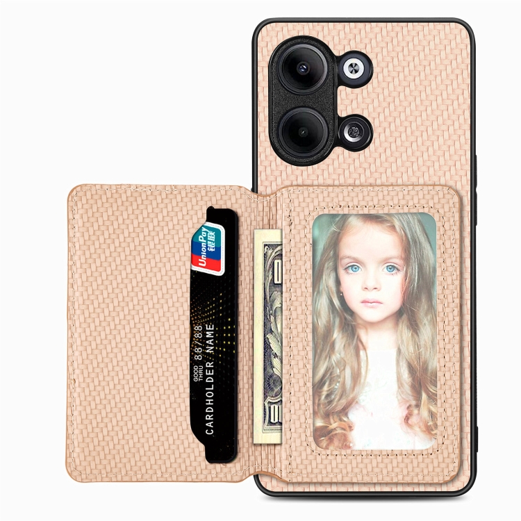 

For OPPO Reno9 Carbon Fiber Magnetic Card Bag Phone Case(Khaki)