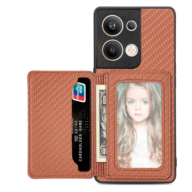 

For OPPO Reno9 Pro+ Carbon Fiber Magnetic Card Bag Phone Case(Brown)