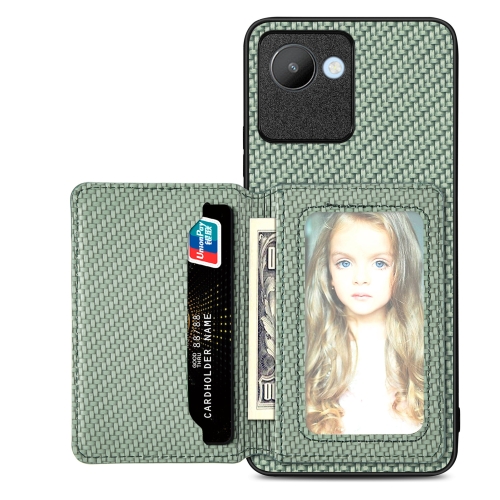 

For Realme C30 Carbon Fiber Magnetic Card Bag Phone Case(Green)