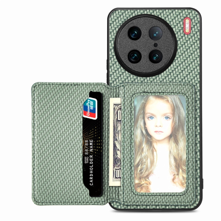 

For vivo X90 Pro Carbon Fiber Magnetic Card Bag Phone Case(Green)