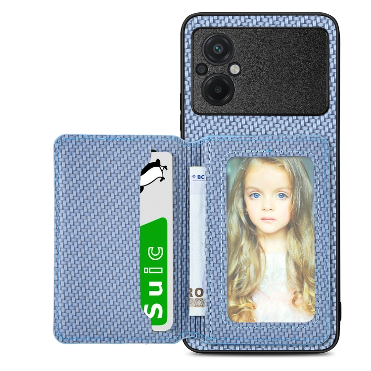 

For Xiaomi POCO M5 4G Carbon Fiber Magnetic Card Bag Phone Case(Blue)