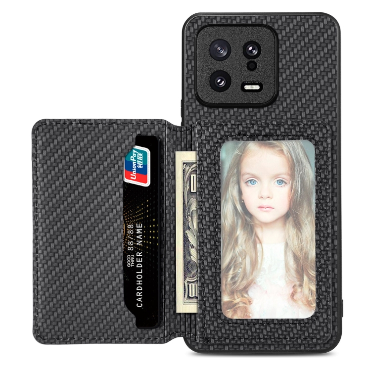 

For Xiaomi 13 Carbon Fiber Magnetic Card Bag Phone Case(Black)