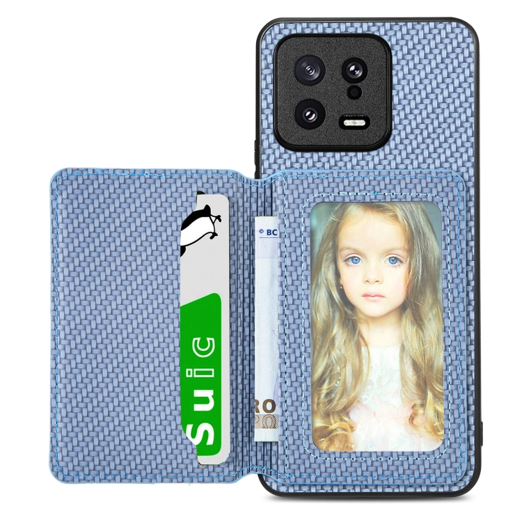 

For Xiaomi 13 Carbon Fiber Magnetic Card Bag Phone Case(Blue)