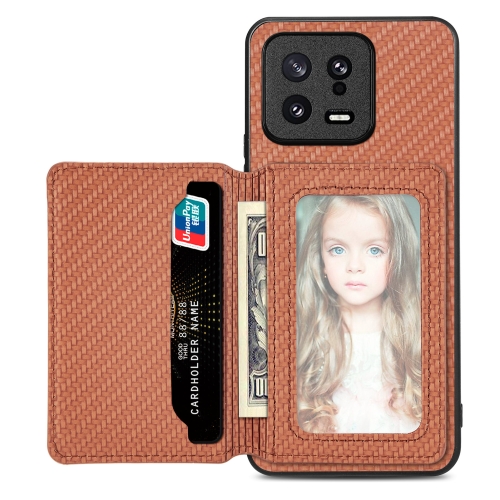 

For Xiaomi 13 Carbon Fiber Magnetic Card Bag Phone Case(Brown)