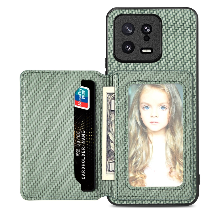 

For Xiaomi 13 Carbon Fiber Magnetic Card Bag Phone Case(Green)